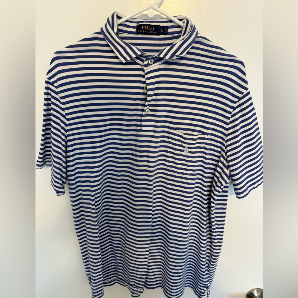 Blue and white stripped Polo. Men's Large